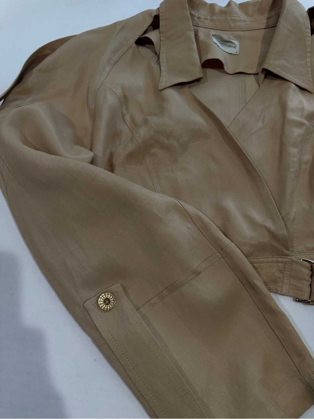 NOCTURNE Beige Cropped Wrap Jacket Linen Blend Open Shoulder Belted Size 2 - Picture 10 of 15